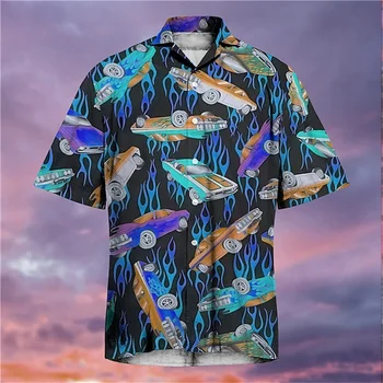 Гавайская винтажная автомобильная 3D рубашка Мужская одежда свободного кроя Летний дышащий топ С короткими рукавами быстросохнущая повседневная мужская одежда