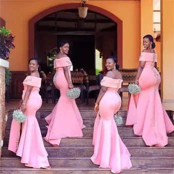 Африканские розовые платья подружек невесты в стиле Русалки 2019 года С открытыми плечами, кружевная аппликация, раздельное свадебное платье подружки невесты длиной до пола, платье для гостей.