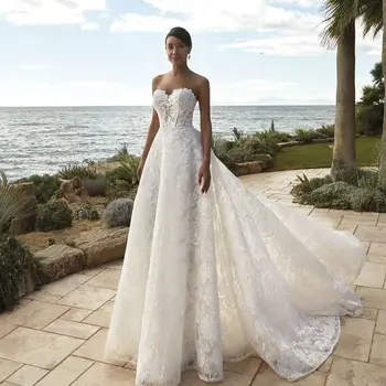 Белое свадебное платье для женщины, Элегантный Vestidos с глубоким вырезом, Кружевные аппликации, Съемные Длинные кружевные рукава, Свадебные платья