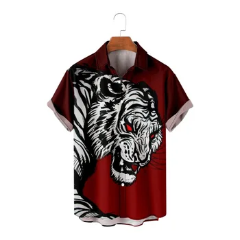 Мужская рубашка в японском стиле Harajuku с принтом красного тигра, уличная одежда, Летние повседневные топы с коротким рукавом, одежда больших размеров 6XL