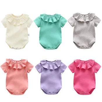Летний комбинезон для новорожденных девочек 2023 года, хлопковый комбинезон с коротким рукавом и сплошным воротником с оборками, боди для маленьких девочек, одежда для маленьких девочек