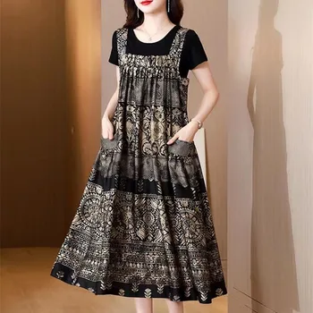 Высококлассный летний комплект с платьем на бретелях большого размера толщиной ММ, женское свободное и тонкое платье в стиле ретро с принтом, модный комплект из двух предметов