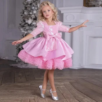 Розовый тюль с блестками, пышный, с коротким рукавом и бантом, платье в цветочек для девочек на свадьбу, Детское праздничное платье на день рождения, Детское рождественское платье