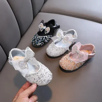 Новые Тонкие туфли Принцессы Со Стразами и Бантом 2024 года, Модные Детские Кожаные Туфли с блестками для Девочек, Детские Свадебные Туфли
