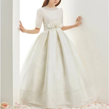 Платье с цветочным узором для девочек, белое трапециевидное платье с аппликацией на поясе, с короткими рукавами и круглым вырезом, платье для первого причастия для девочек, одежда на день рождения по индивидуальному заказу