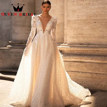 Очаровательные свадебные платья трапециевидной формы с глубоким V-образным вырезом 2023, Аппликации с длинным рукавом, Кружевные Свадебные платья с открытой спиной, Vestidos De Novia Custom Y62X