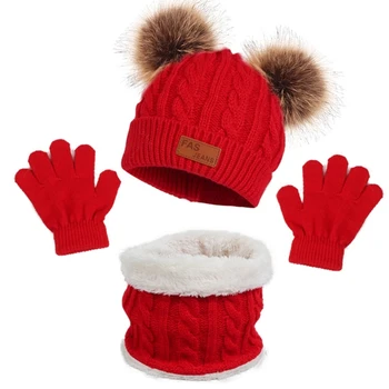 Вязаная шапка, перчатки, Зимняя теплая шапка, Перчатки, Шейный платок, комплект для младенцев