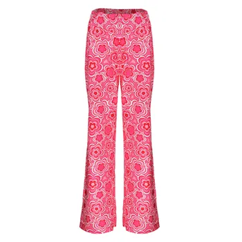 Женские эластичные брюки с цветочным принтом, обтягивающие брюки с высокой талией, расклешенные брюки Y2k Pink Party Street, Весенние прямые брюки с ретро-принтом, Новые