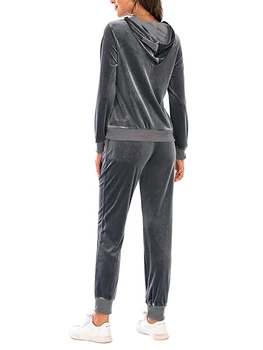 Женский бархатный комплект с капюшоном на молнии и брюками - винтажный однотонный спортивный костюм с капюшоном