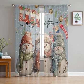 Рождественские Тюлевые шторы с изображением Снежинки и Снеговика для гостиной, кухни, Рождественского домашнего декора, Прозрачные Вуалевые шторы