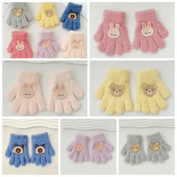 Пушистые перчатки с медведем, осенний кролик, перчатки с мультяшным рисунком в корейском стиле, сплошной цвет, вязаные варежки на полный палец для девочек