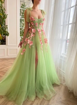 Зеленый лайм марокканские вечерние платья A-линия бретельках тюль цветочные длинным Турция Дубай Саудовская Аравия Пром платья Платье