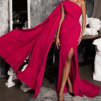 Элегантные вечерние платья для женщин без рукавов бордового цвета с рукавами на одно плечо, сексуальные вечерние платья со шлейфом длиной до пола с разрезом сбоку 2022