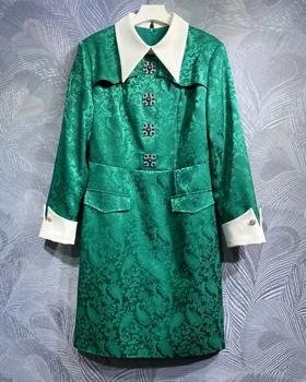 Роскошное платье 2024, Весна-лето, модный дизайн, Женское Белое платье с отложным воротником, Винтажные Жаккардовые принты, Зеленое платье с длинным рукавом