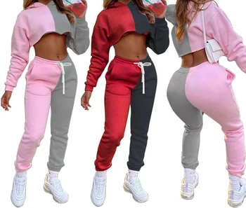 Повседневные женские комплекты для бега, спортивный костюм-двойка в цветном блоке, женский спортивный костюм с длинным рукавом