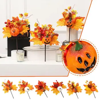 Мини-искусственная тыква с цветком и кленовым листом, украшения для Хэллоуина, осенний декор, букет из кленовых листьев на длинном стебле