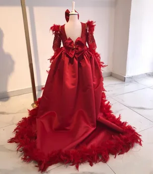 Красное атласное платье принцессы с длинными рукавами на День рождения, платье с открытой спиной и большим бантом для девочек в цветочек, Рождественское платье для выпускного вечера