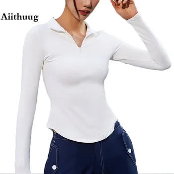 Рубашки для йоги Aiithuug, рубашка для гольфа с длинным рукавом, топ для фитнеса, тренировочные топы, рубашка для фитнеса на молнии, облегающий топ для йоги Дугообразной формы
