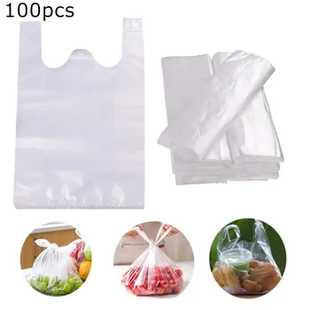 Пластиковая хозяйственная сумка 100шт Прозрачная Хозяйственная сумка Пластиковые пакеты для супермаркета с ручкой Упаковка для пищевых продуктов