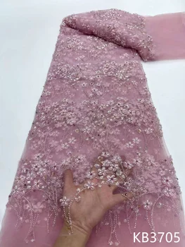 Роскошные розовые 3D цветочные бусины, ткань для платья, Кружевная ткань 2023, Высококачественная тюлевая ткань с жемчугом и хрусталем для шитья KB3705