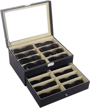 Кожаный ящик для хранения очков и витрина для солнцезащитных очков из 16 предметов, запирающийся чехол-органайзер, черный