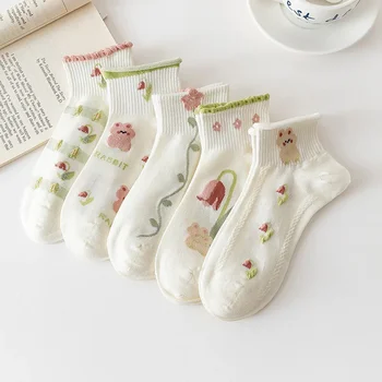 3 пары /Осень-зима Простые женские носки в цветочек, Маленькие, из свежего хлопка, короткие, Милые, забавные Летние Короткие носки, повседневные дышащие носки