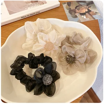 Корейская сетка большой цветок кольцо для волос темперамент высокого класса горный хрусталь веревка для волос кольцо для толстой кишки элегантный ретро головной убор ropeheaddress