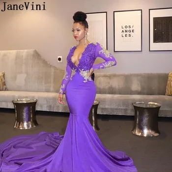 JaneVini Сексуальные вечерние платья русалки с глубоким V-образным вырезом, женские вечерние платья с длинными рукавами, расшитые бисером, кружевные вечерние платья в африканском стиле 2020