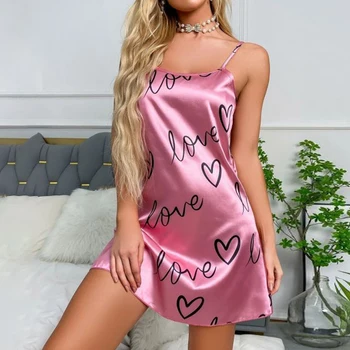 Женская ночная рубашка, сексуальное атласное шелковое платье на бретелях с буквенным принтом, ночная рубашка, Нижнее белье, пижамы, ночнушка