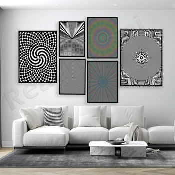 Абстрактное геометрическое произведение искусства, оптическая иллюзия, радужный, гипнотический, черно-белый плакат с оптической иллюзией, современное искусство