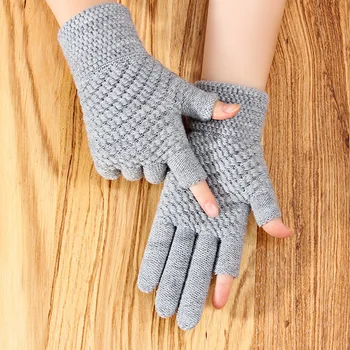 Женские перчатки Зимние, утолщенные на полпальца, теплые, из трикотажной шерсти для велоспорта, перчатки для игр с открытым пальцем, Студенческие перчатки Оптом