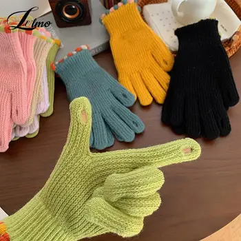 Перчатки с сенсорным экраном для игры в телефон, женские зимние утепленные теплые вязаные эластичные перчатки, Лыжные перчатки на весь палец Y2K