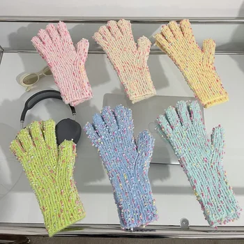 Корейские женские Вязаные Шерстяные перчатки Kawaii Rainbow Sugar Beans, Зимние Теплые перчатки с сенсорным экраном на полный палец, Велосипедные Аксессуары Y2k