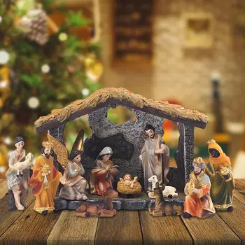 Набор статуэток для рождественской сцены из 12 предметов, ручная роспись, фигурки из яслей Святого Семейства, поделки из смолы для рождественских подарков, Рождественские украшения