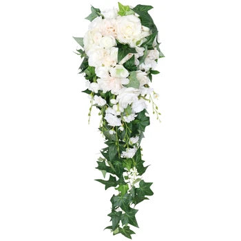 Имитация розы, каскадирующий свадебный букет невесты, водопад, свадебный цветок в руках с украшением из зеленых листьев (белый)