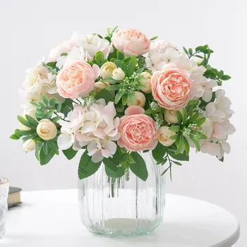 Букет искусственных гортензий и пионов, искусственные цветы из шелка, украшение для озеленения сада, имитация цветка, Белые Розовые пионы, растение