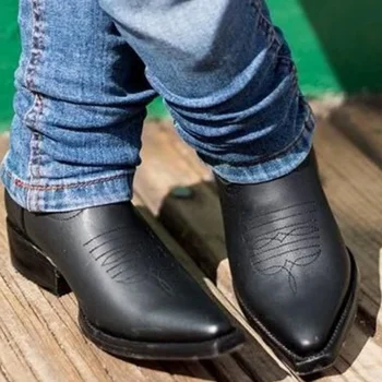 Черные Мужские Ботинки в стиле Вестерн, Ковбойские Коричневые Ботинки 