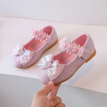 Кожаные туфли для девочек, туфли принцессы с бантиком и кристаллами, весенне-осенние детские туфли Mary Janes Hook & Loop из искусственной кожи