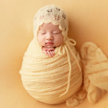 Реквизит для фотосессии новорожденных, детская стрейч-пленка, милая кружевная шляпка, желтый цветок на голове, Реквизит для детской фотосъемки, Студийные аксессуары