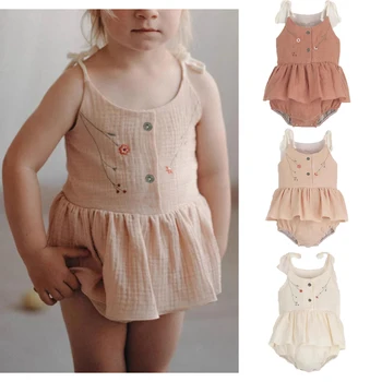 Комбинезон для маленьких девочек, летний винтажный комбинезон с цветочной вышивкой без рукавов для малышей, цельные боди в виде платья