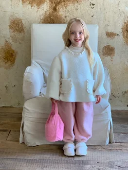 Кружевной пуловер из искусственной овечьей шерсти HoneyCherry для девочек, толстовка с утолщенной подкладкой, Розовые утепленные спортивные штаны