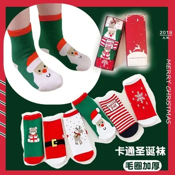 Детские толстые осенне-зимние шерстяные носки в круг, детские рождественские носки, хлопковые теплые красные носки с рисунком из мультфильма для малышей