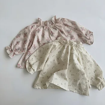 Хлопчатобумажная рубашка для новорожденных девочек, пуловер с цветочным рисунком для малышей, топ с длинными рукавами, весенне-осенняя повседневная одежда для малышей от 6 до 2 лет