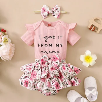 Летняя одежда для новорожденных 0-18 месяцев - комбинезон с рюшами, шорты с цветочным принтом и повязка на голову