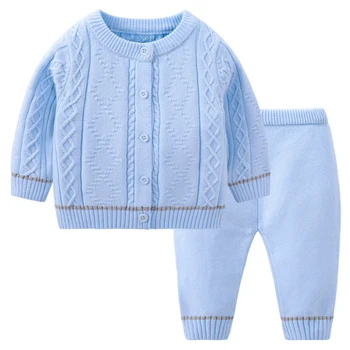 2 предмета Осенней одежды для маленьких девочек и мальчиков 2024 года, Корейский Повседневный Кардиган сплошной вязки, пальто + Брюки, Свитер, Комплекты одежды для новорожденных BC166