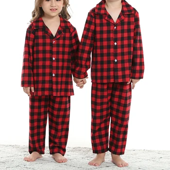 Комплекты пижам для маленьких девочек и мальчиков из 2 предметов, весенне-осенние комплекты одежды, топы с длинными рукавами и пуговицами с лацканами и комплекты клетчатых брюк