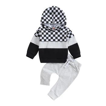 Комплект штанов для маленьких мальчиков, клетчатая толстовка с капюшоном с длинным рукавом и эластичным поясом, спортивные штаны, одежда для младенцев