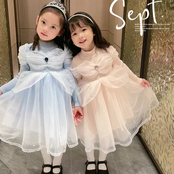 Платье принцессы для девочек, вязаное сетчатое платье Феи 2023, новая мода, весна и осень, День рождения, свадебная вечеринка