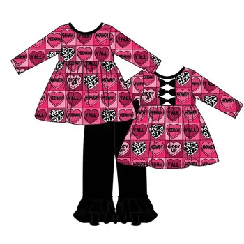 Бутик-детский комплект на День Святого Валентина, кружевные брюки с принтом любви с длинными рукавами, многослойный кружевной комплект для девочек