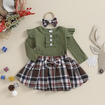 Рождественский наряд для новорожденной девочки в рубчик с длинным рукавом и мультяшным рисунком, клетчатая юбка, осенне-зимняя одежда